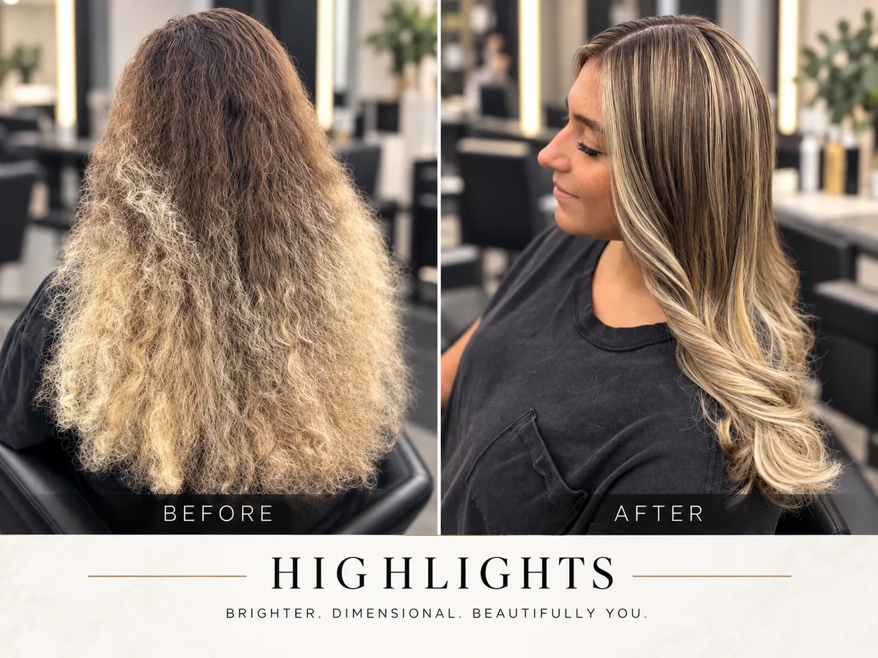 Hair highlights before and after at Salon Melisa Hair Studio in Lutz